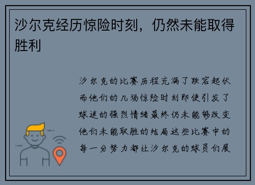 沙尔克经历惊险时刻，仍然未能取得胜利