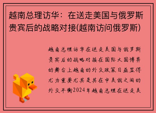越南总理访华：在送走美国与俄罗斯贵宾后的战略对接(越南访问俄罗斯)