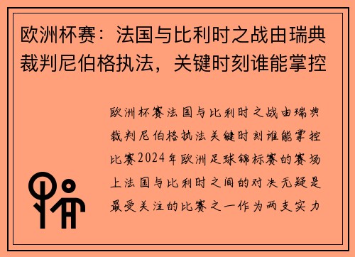 欧洲杯赛：法国与比利时之战由瑞典裁判尼伯格执法，关键时刻谁能掌控比赛？